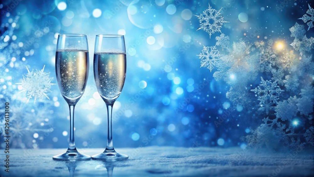Frozen blue mist with champagne flutes, soft focus, and delicate snowflakes