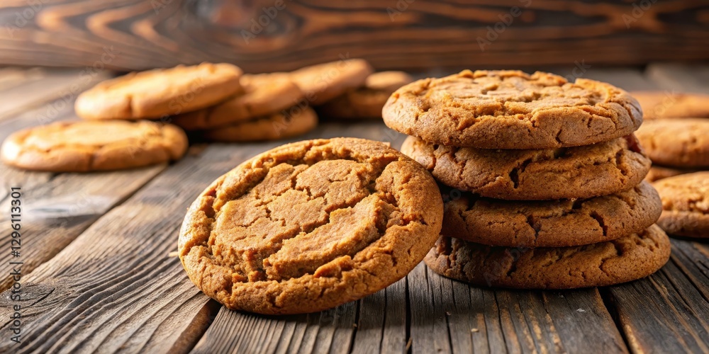 Close-up of delicious ginger snaps cookies on a rustic wooden table, baking, dessert, baking, dessert, food, warm lighting Close-up of delicious ginger snaps cookies on a rustic wooden table, baking, dessert, baking, dessert, food, warm lighting