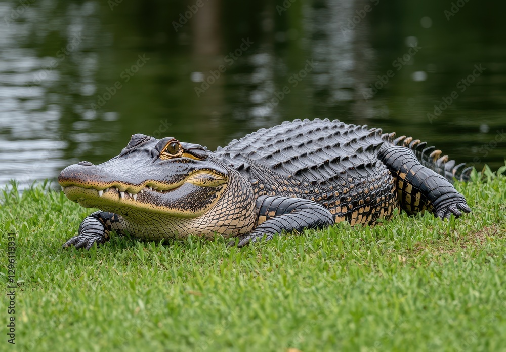 Obraz premium Majestic Alligator Resting Along the Water's Edge in a Lush Green Environment with Calm Reflections in the Background