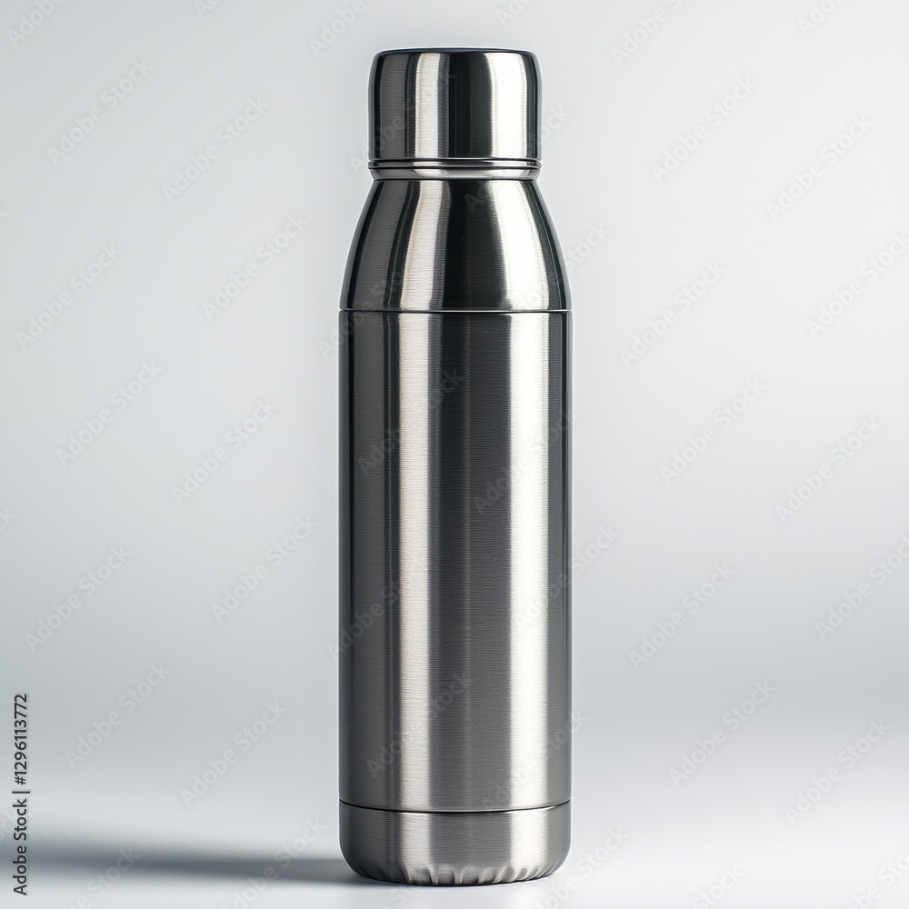A sleek, minimalist stainless steel water bottle presented against a pristine white background, emphasizing its clean lines, durable build, and suitability for everyday hydration.