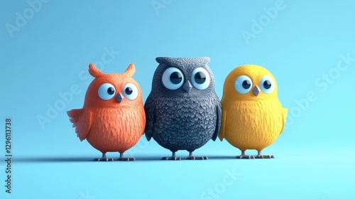 Three owls are standing next to each other on a blue background