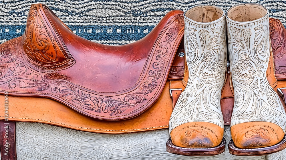 Obraz premium Rustic Leather Cowboy Saddle and Vintage White Boots with Detailed Textures on Wooden Background