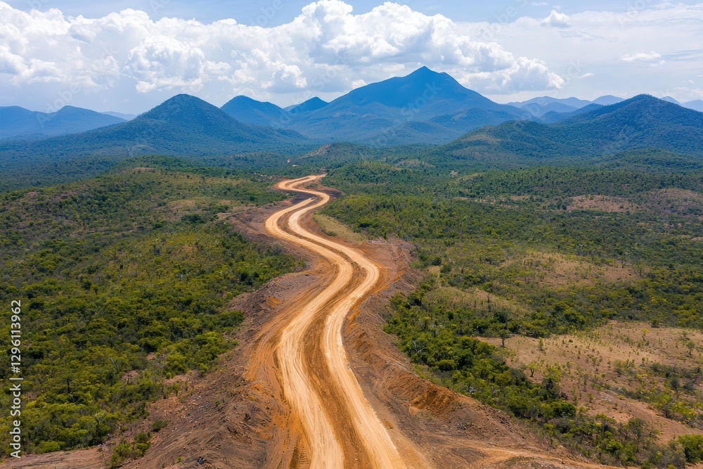 Aerial view of a winding dirt road cutting through a lush green landscape with mountains in the background. Serpentine road through the forest.