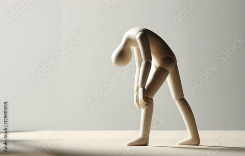 Eine Person Figur vornüber gebeugt vor Müdigkeit, lässt die Arme hängen, heller Hintergrund, copy space