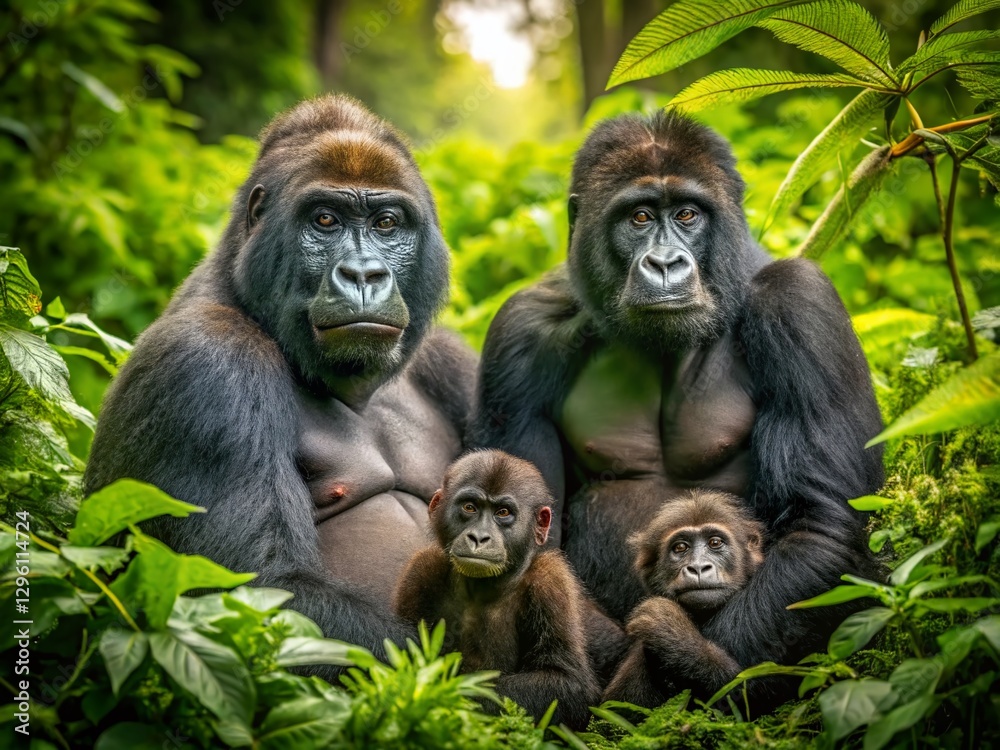 Aerial View: Gorilla Family Resting in Lush Rainforest Canopy Aerial View: Gorilla Family Resting in Lush Rainforest Canopy