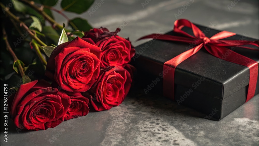 A bouquet of red roses beside an elegantly wrapped gift box, creating a romantic and thoughtful presentation. A bouquet of red roses beside an elegantly wrapped gift box, creating a romantic and thoughtful presentation.