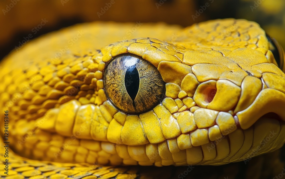 Fototapeta premium Close-up of the eye and skin texture of an entire yellow-haired snake, macro photography. 