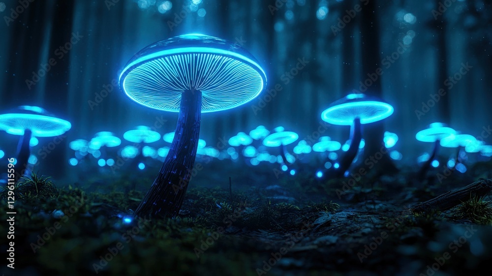 Fototapeta premium Futuristic luminescent mushrooms forming a neon cybernetic fairy circle, glowing bioluminescent digital nature