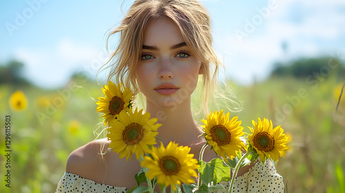 Obraz na płótnie Photography capturing a stylish 30-year-old model holding a bouquet of sunflowers, dressed in a playful polka-dot dress, with a clear blue sky and lush greenery providing the perfect summer backdrop. w salonie