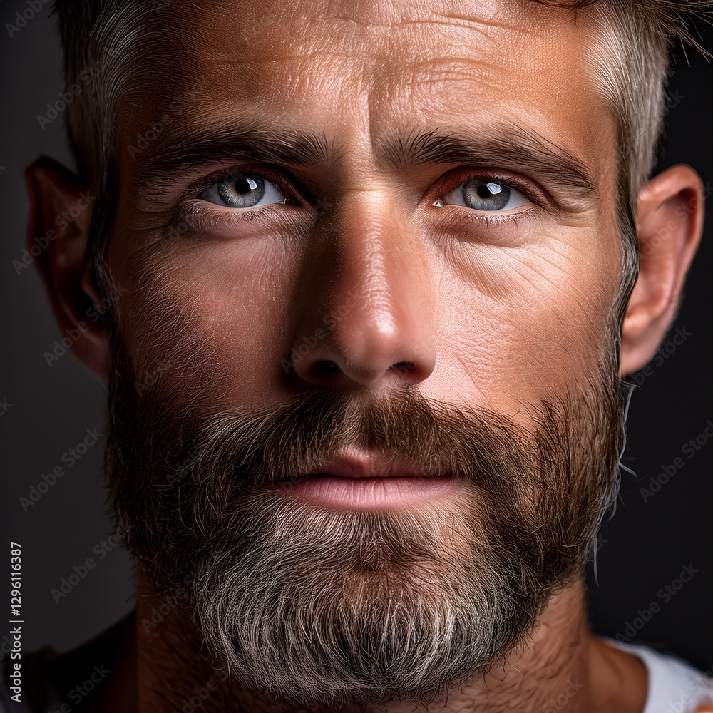 Fototapeta premium man’s face showcasing a well-groomed, scruffy beard and intense, confident eyes. His expression is calm yet strong, with soft lighting highlighting the texture of his skin and facial hair.