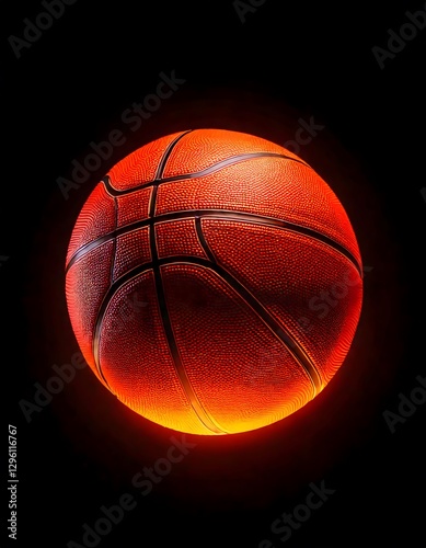 A glowing basketball hovers in the air, emitting a soft orange light against a dark background.