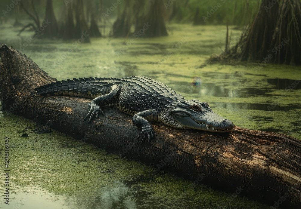 Majestic Alligator Resting on a Sunlit Log in a Serene Swamp Surrounded by Lush Greenery and Algae-covered Water Majestic Alligator Resting on a Sunlit Log in a Serene Swamp Surrounded by Lush Greenery and Algae-covered Water