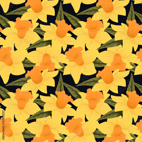 Beautiful daffodil seamless pattern on black background 