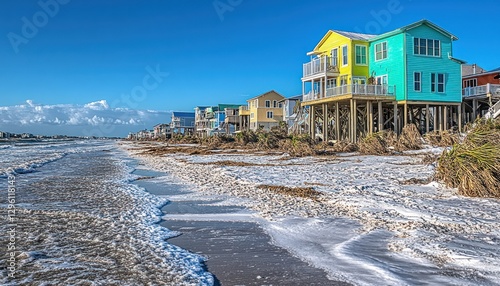 Colorful Beach Houses Facing Ocean Waves