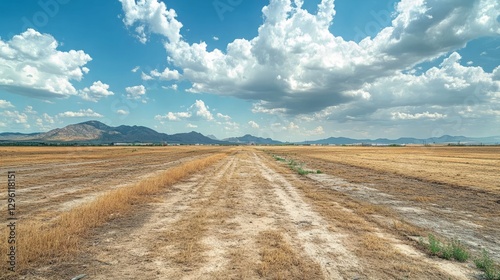 An abandoned farmland site, once thriving with crops, now left barren due to over-farming and contamination photo