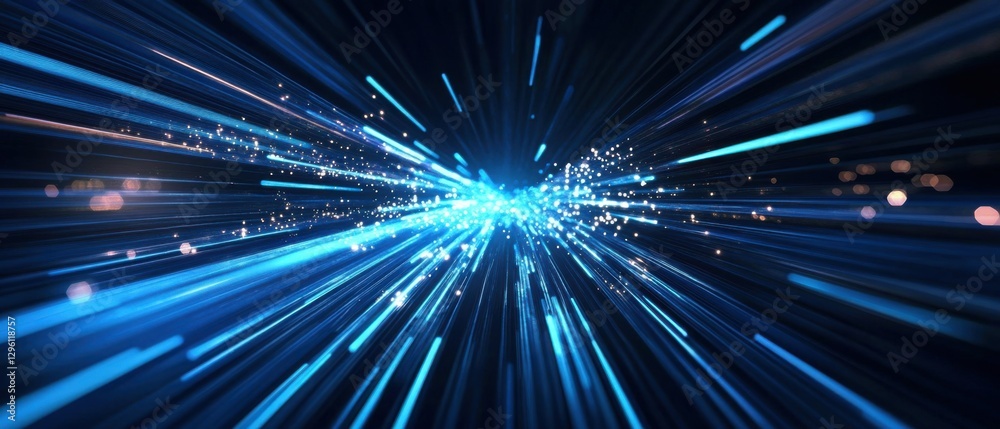 Fototapeta premium Abstract blue light trails with speed motion blur effect, data stream visualization for technology and science concept