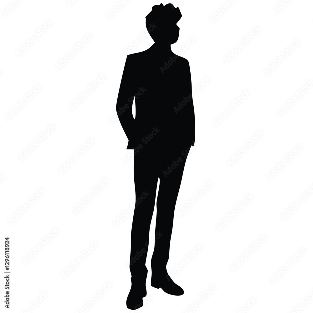 A black silhouette of a standing man with a relaxed yet confident posture. A black silhouette of a standing man with a relaxed yet confident posture.