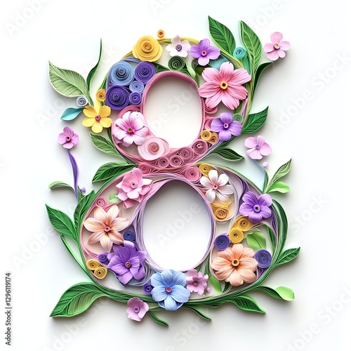 Intricate Paper Quilling: A Delicate Number Eight Crafted from Colorful Flowers and Leaves, a Stunning Floral Design. photo