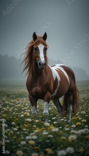 A chestnut and white horse stands in the middle of a field of spring flowers, its thick, long mane and tail fluttering in the wind against a backdrop of a foggy sky. Horse symbol of 2026