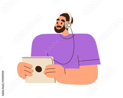 Man in headphones, holding digital tablet computer, speaking during remote ca...