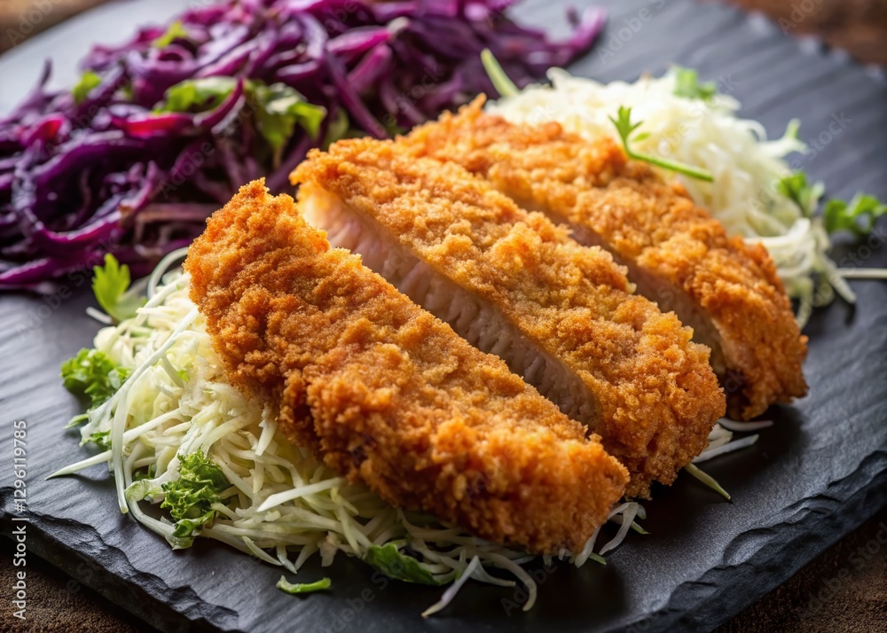 Aerial View of Crispy Tonkatsu on Shredded Cabbage - Japanese Food