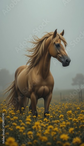 A gold  horse stands in the middle of a field, its thick, long mane and tail fluttering in the wind against a backdrop of a foggy sky. Horse symbol of 2026