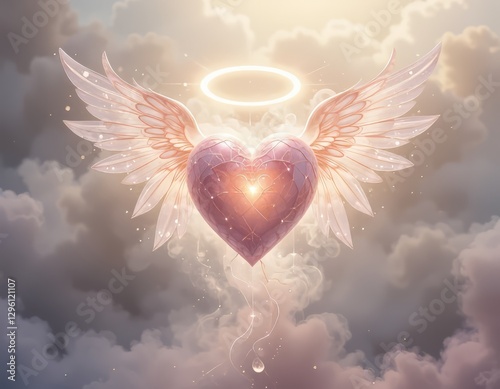 Un corazón alado con delicadas alas translúcidas y un halo de luz suave y etérea, suspendido en el aire, rodeado de una suave niebla