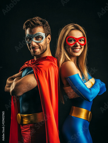 A man and a woman dressed as superheroes, standing back to back. The man wears a red cape and blue costume with a silver mask, while the woman is in a blue and gold outfit
