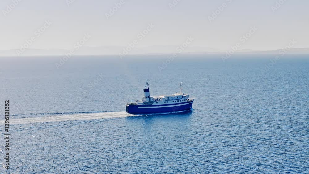 Greek ferry in open sea cruising between island in Aegean sea, aerial view Greek ferry in open sea cruising between island in Aegean sea, aerial view