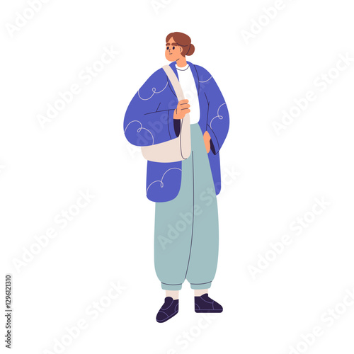 Woman standing in urban style outfit. Modern young female character waiting, looking aside, wearing casual street apparel and shoulder bag. Flat vector illustration isolated on white background