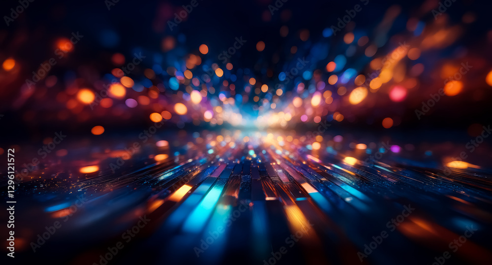 Abstract blur with bokeh lights in blue, orange, and yellow creates a dynamic, futuristic feel. The vibrant illumination suggests speed and technological advancement. Abstract blur with bokeh lights in blue, orange, and yellow creates a dynamic, futuristic feel. The vibrant illumination suggests speed and technological advancement.
