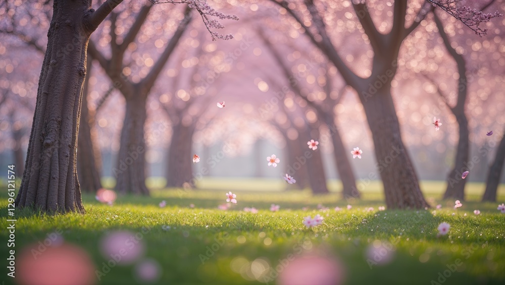 Naklejka premium Cherry blossom trees bloom beautifully in a serene park during spring, creating a tranquil scene filled with pink petals