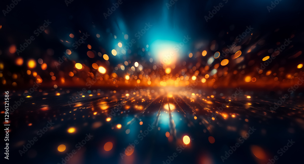 Obraz premium An abstract bokeh background featuring blurred lights in dark blue and orange tones, creating a dynamic, bright, and dreamy scene.