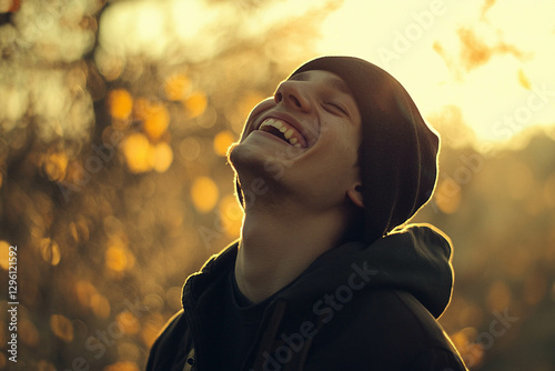 A young man laughing joyfully outdoors, wearing a beanie and a hoodie. representing Freedom from addiction and healing mental health and depression