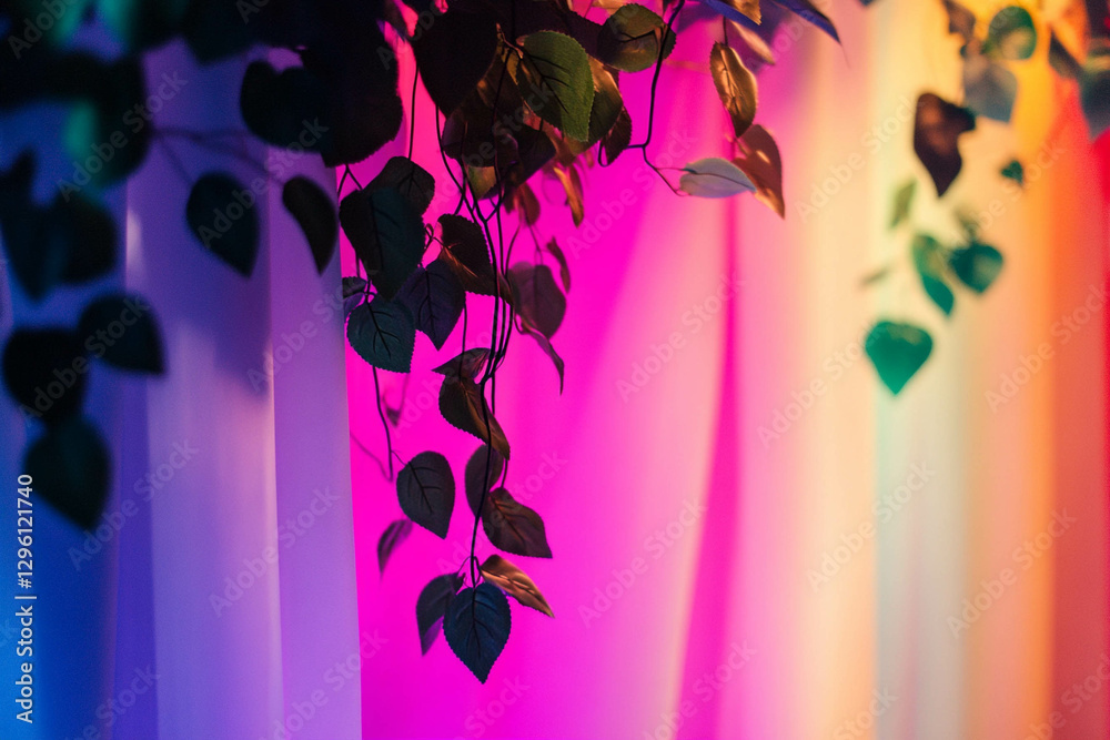 Φωτογραφία A close-up of green leaves hanging against a colorful gradient background featuring shades of pink, purple, and blue