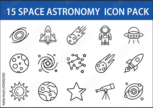 Space and Astronomy Line Icon Set - A set of 15 black and white line icons representing space, astronomy, rockets, planets, meteors, stars, astronauts, and telescopes.