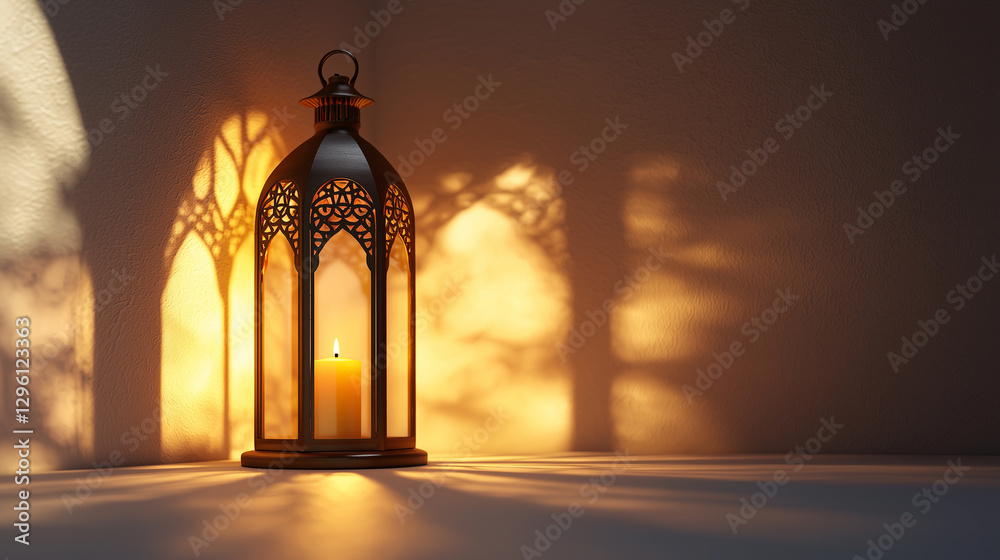 Fototapeta premium Lantern's Glow, Illuminated Wall, Intricate Shadows, Candlelight Warmth, Quiet Illumination