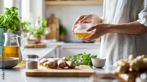 Rare illness patient preparing a healing herbal tea in a kitchen. Featuring nourishment and natural remedies