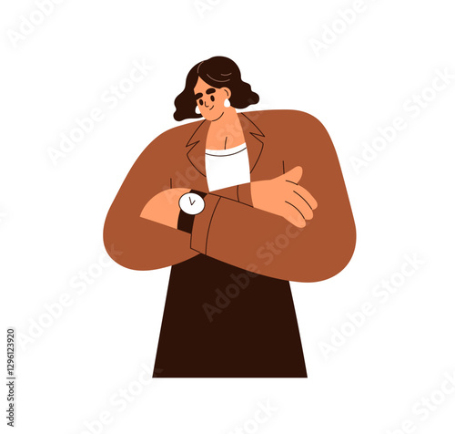 Business woman looking at hand watches, checking time with wristwatch. Female employee glancing at wrist clock, watch, waiting. Punctuality. Flat vector illustration isolated on white background