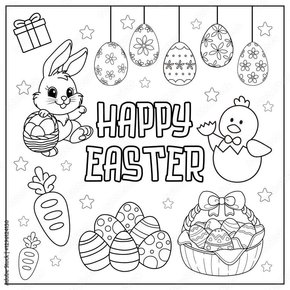 Fototapeta premium Cute Happy Easter coloring book page with Easter bunny and eggs.