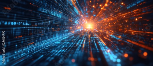 Abstract data stream visualization with blue and orange glowing light trails, representing digital information flow and futuristic technology concept
