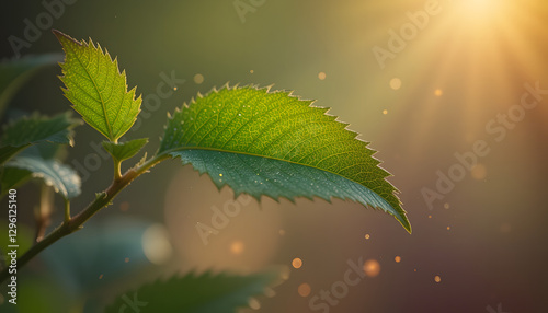 Single green leave with blurred sunray in the morning. Morning with green leaf