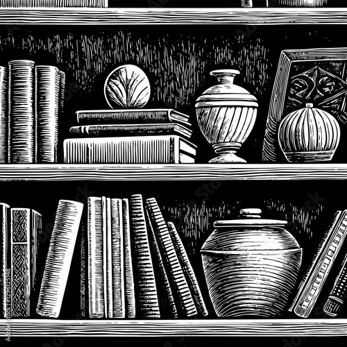 Hand Drawn Vintage Bookshelf with Books and Decorative Vases