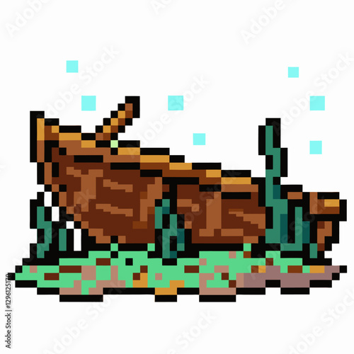 Retro Pixel Art Underwater Sunken Ship with Seaweed and Bubbles