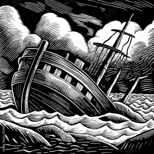 Vintage Shipwreck Illustration in Dramatic Ocean Waves Woodcut Style Art