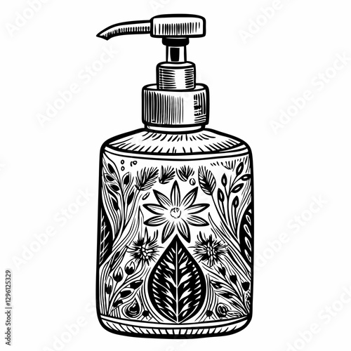 Botanical Hand Soap Dispenser with Floral Engraving Vector Illustration