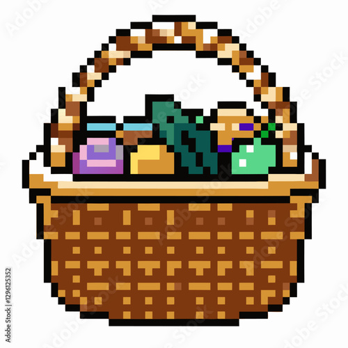Pixel Art Picnic Basket with Variety of Food Items Inside