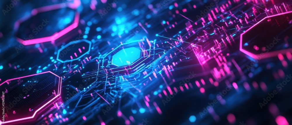 Fototapeta premium Abstract futuristic technology background with glowing neon circuit board, showcasing digital innovation and cyber network connectivity