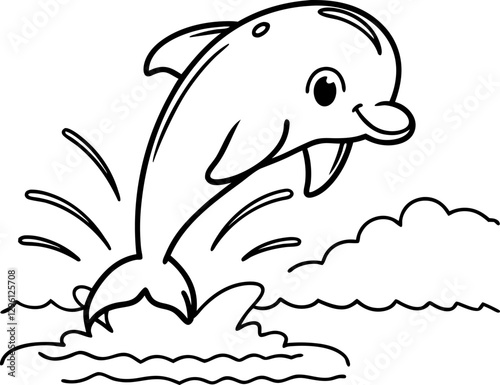 Playful dolphin leaping from the ocean in a whimsical , aquatic life, marine illustration, vector art