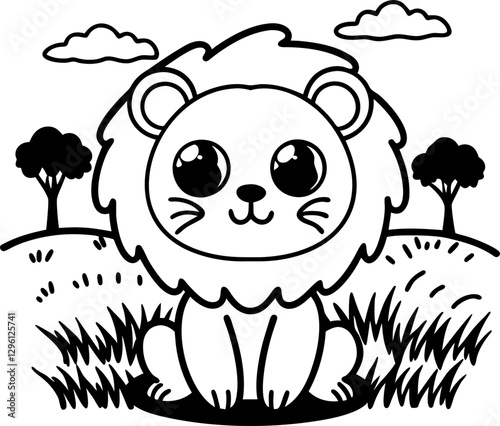 Cute Lion Sitting in a Field with Trees and Clouds, Animal Illustration, Black and White, Kids Art